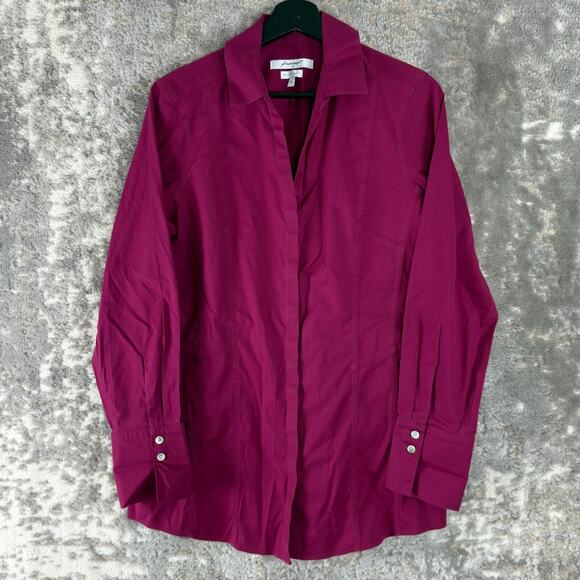 Foxcroft Size 10 Stretch Cotton Blend Casual Button Top Purple Long Sleeve V Nec - Picture 1 of 8